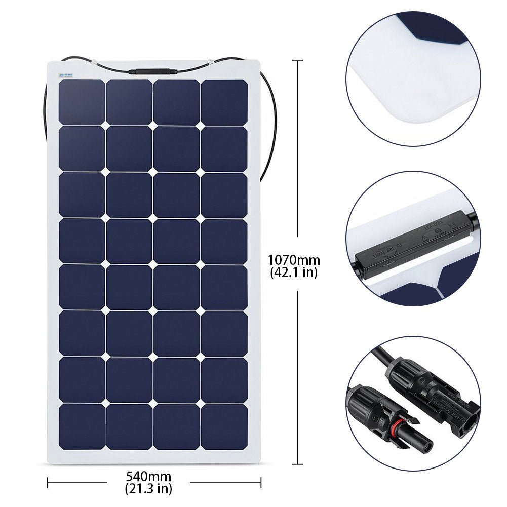 ACOPOWER flexible solar panel on the 110W kit page with size callouts and MC4 connectors