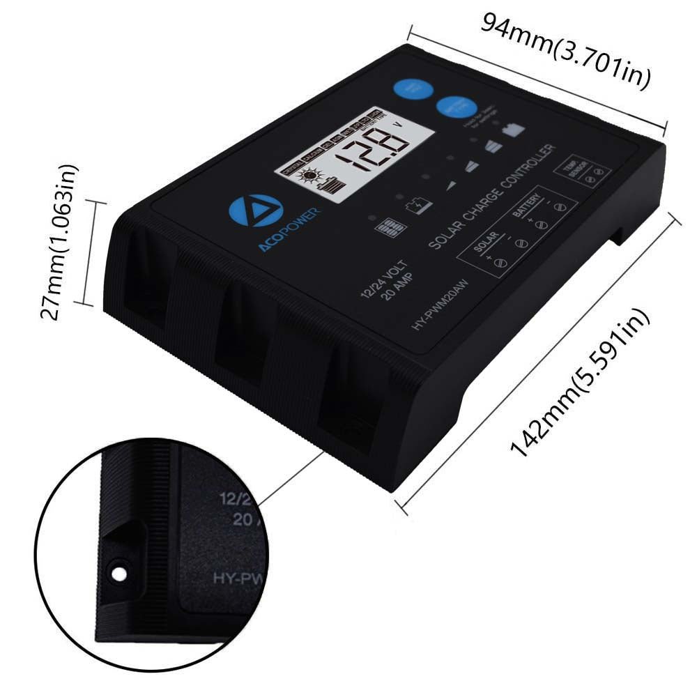 ACOPOWER HY-PWM20AW 12/24 volt 20 amp solar charge controller with dimensions