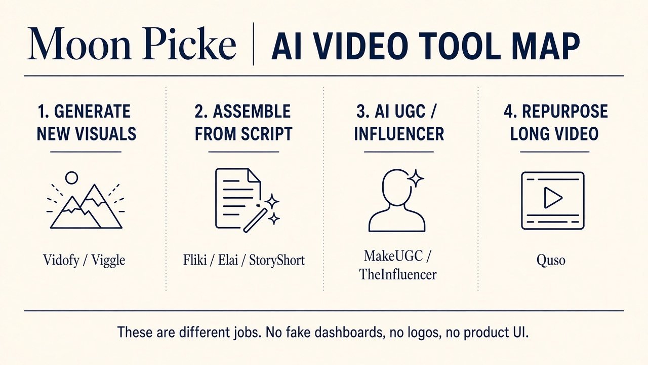 Moon Picke editorial categories for faceless automation, UGC ads, avatars, motion, and repurposing