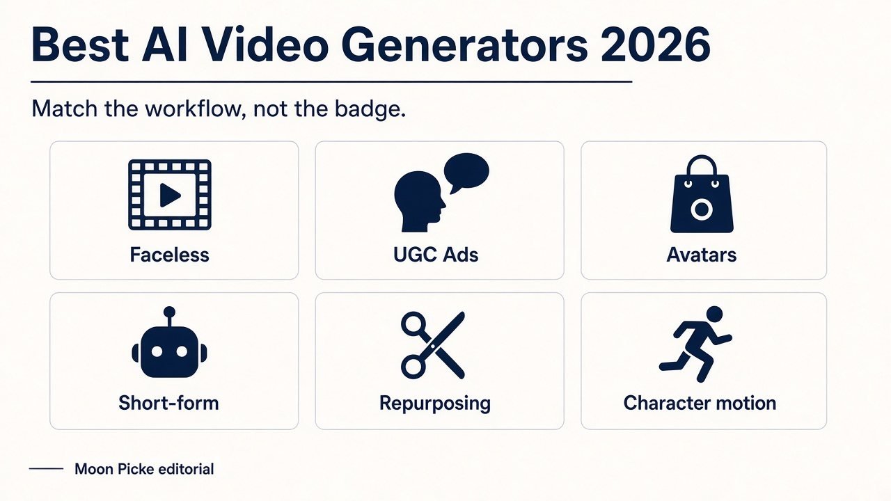 Moon Picke editorial map of AI video workflows including faceless Shorts, UGC ads, avatars, and repurposing
