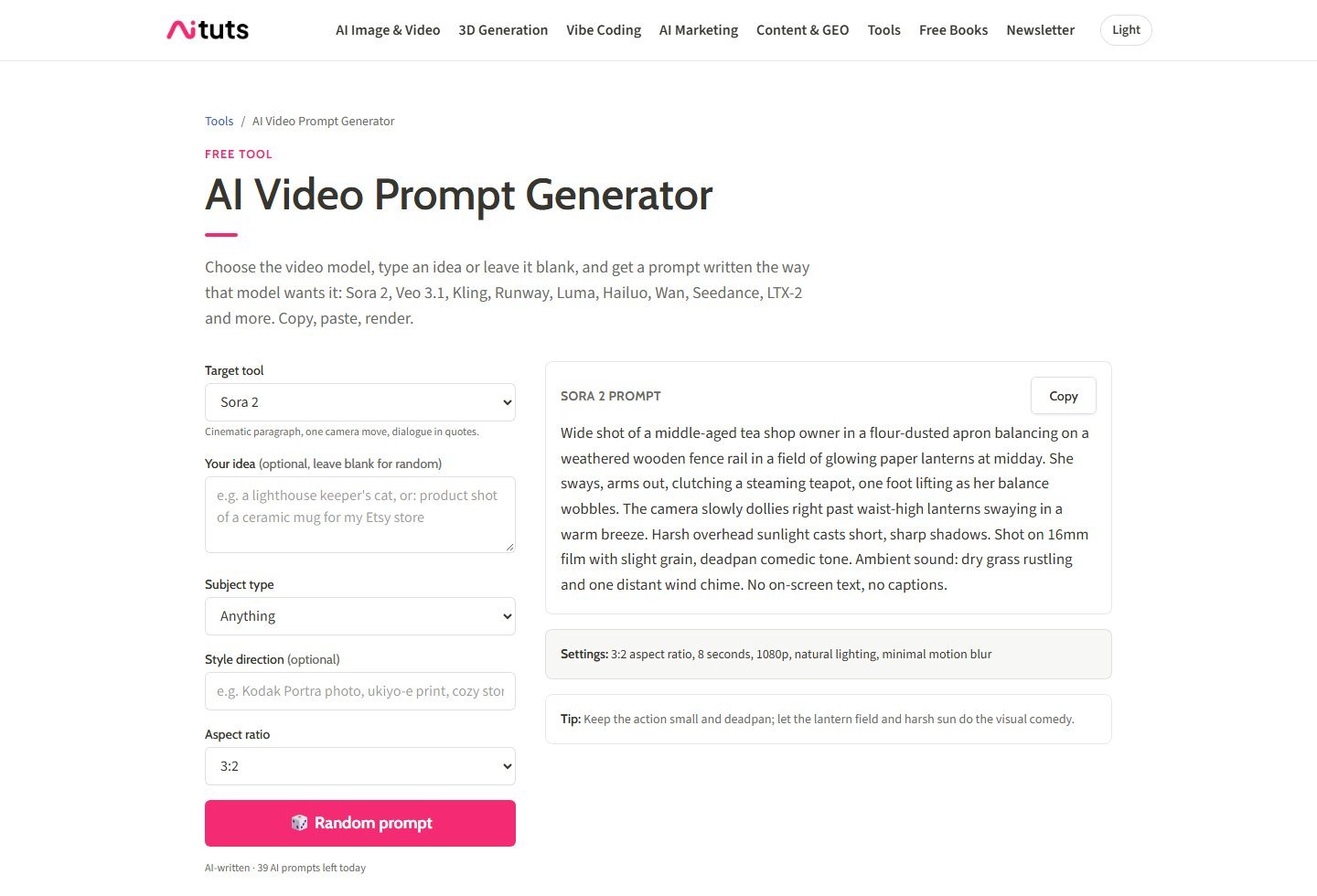 Aituts AI Video Prompt Generator with target tool set to Sora 2, idea and style fields, aspect ratio, and a completed prompt beside a Copy button.
