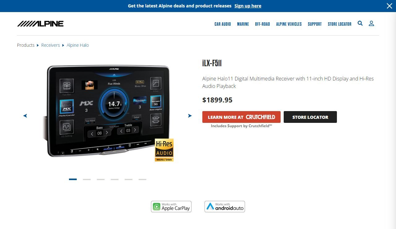 Alpine USA page for the iLX-F511 Halo11 showing the 11-inch receiver and a manufacturer price of 1899.95 dollars