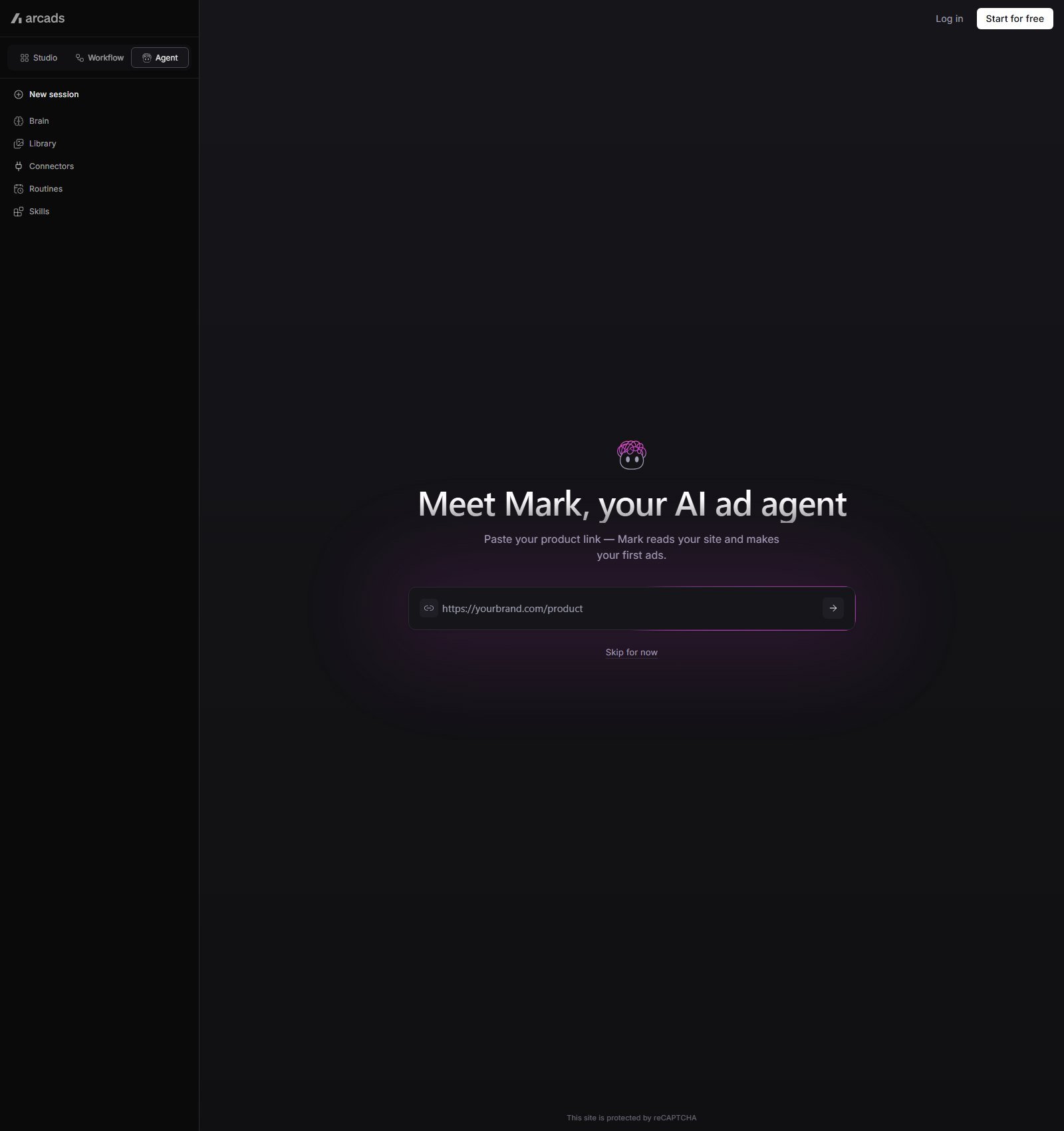 Arcads agent named Mark with a field for a product URL