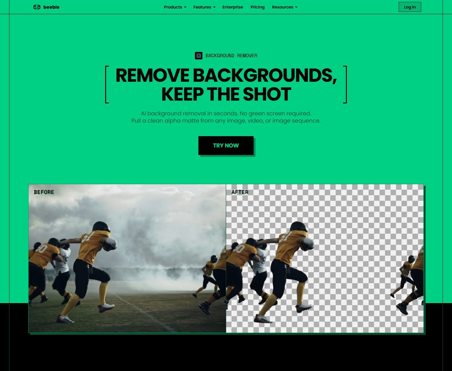 Beeble Background Remover feature page with navigation, the no-green-screen headline, and Beeble's own before-and-after football example.