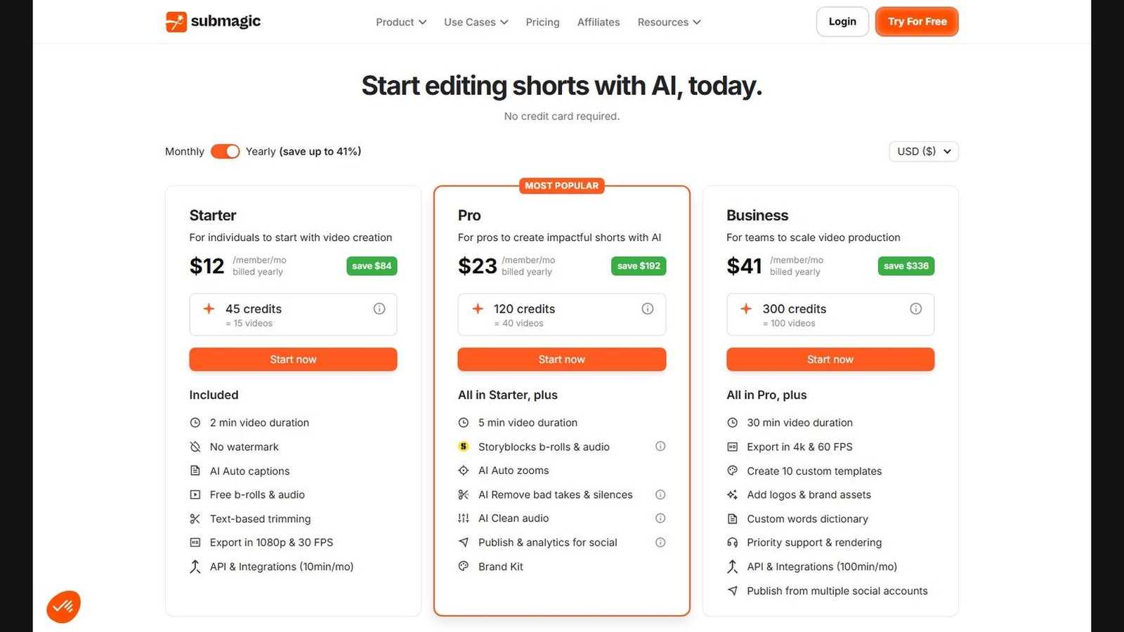 Submagic yearly pricing cards for Starter, Pro, and Business, showing free B-roll on Starter and Storyblocks B-roll on Pro.