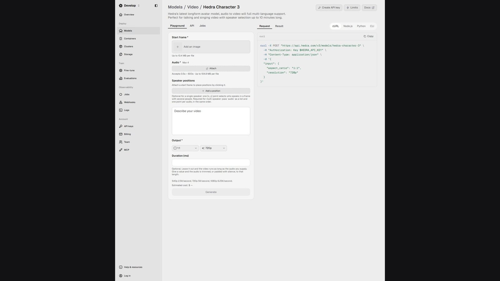 Hedra Character-3 playground inside a wide editorial frame, showing start-frame upload, audio, speaker positions, and per-second output prices.