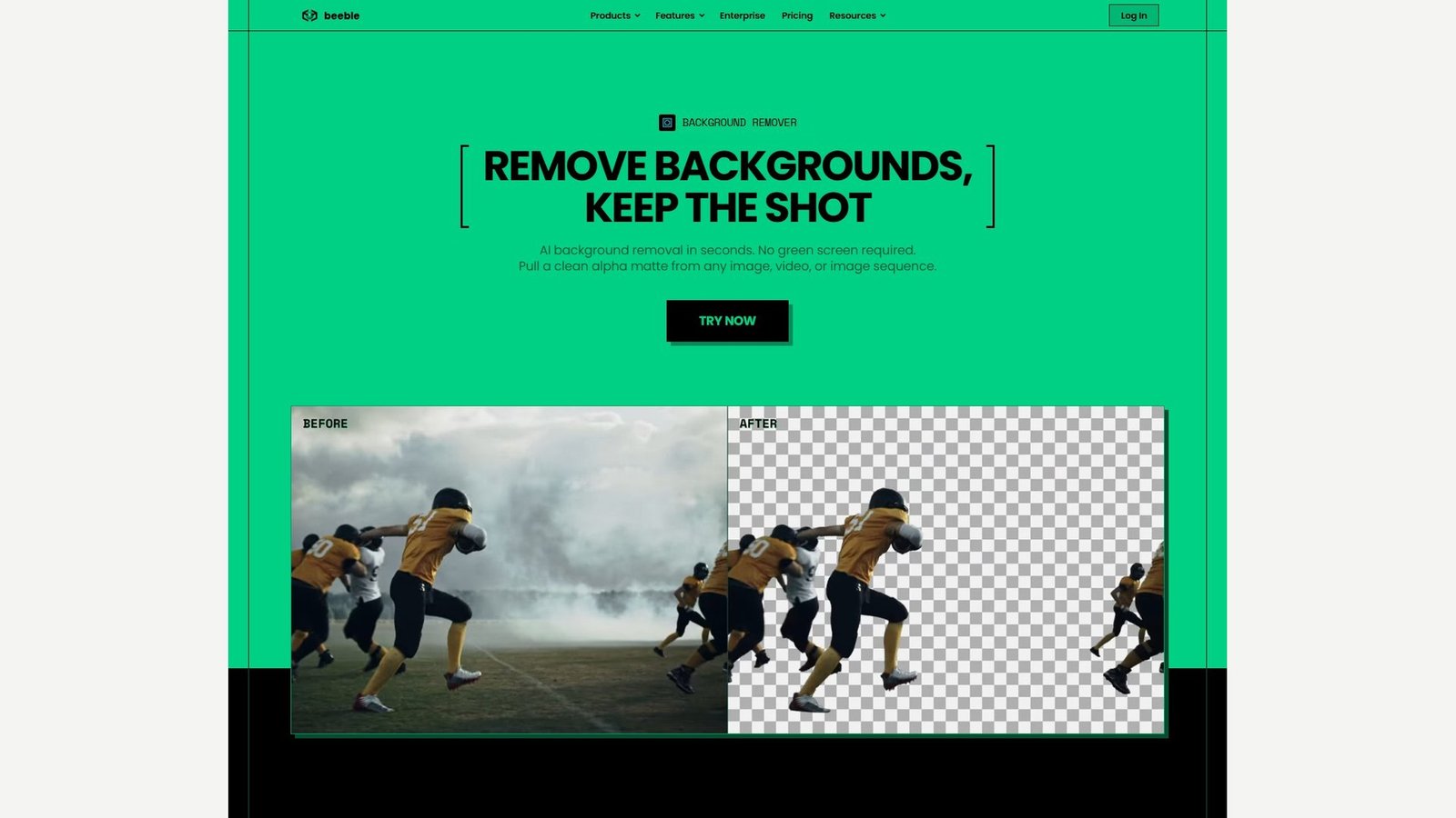 Beeble Background Remover marketing page, shown complete inside a wide editorial frame, with the headline Remove backgrounds, keep the shot and Beeble's own before-and-after example.