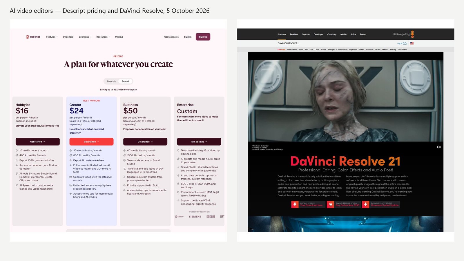 Editorial canvas showing Descript annual pricing beside the DaVinci Resolve 21 download and Studio purchase buttons, 5 October 2026