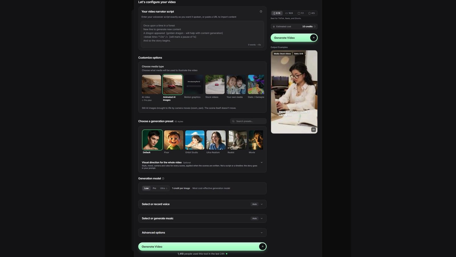 Revid TikTok video generator form, with 9:16 selected, contained inside a wide editorial frame