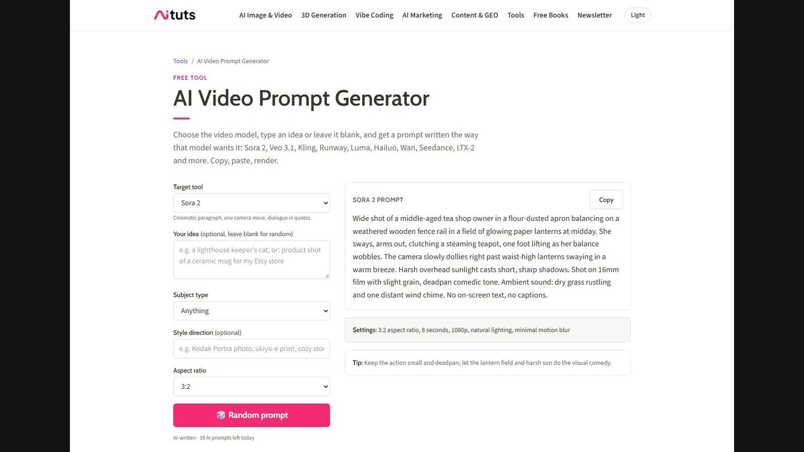 Editorial 16:9 frame containing the complete Aituts AI Video Prompt Generator, including the model menu, idea field, and a finished prompt with a Copy button.