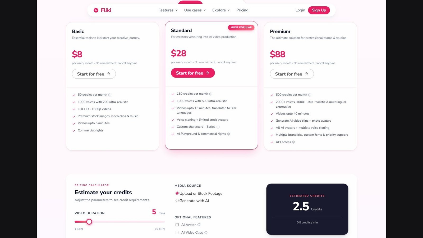 Editorial 16:9 frame containing the complete Fliki pricing page, with Basic, Standard, and Premium plan cards shown in full.