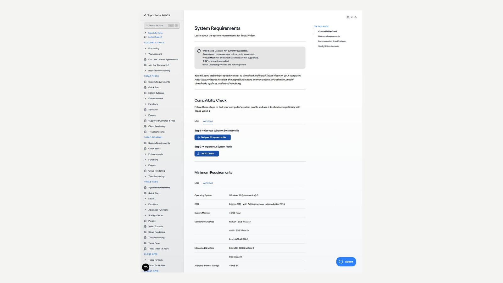 Editorial canvas showing the full Topaz Video system requirements page