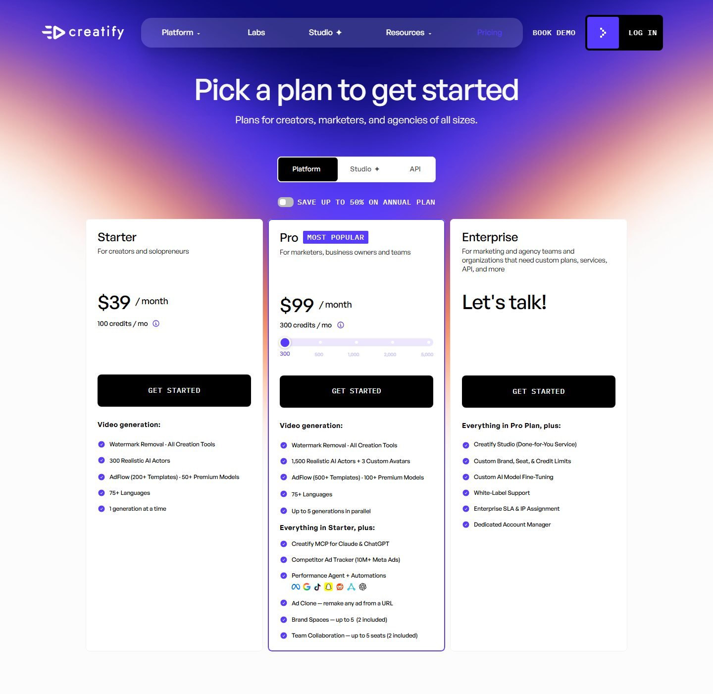 Creatify pricing page with complete Starter, Pro, and Enterprise cards, including $39 per month, $99 per month, credit amounts, and actor limits.