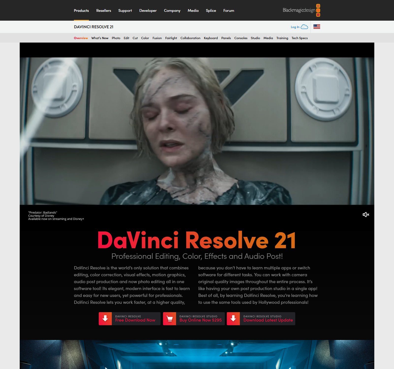 DaVinci Resolve 21 official page showing Free Download and Studio at 295 dollars