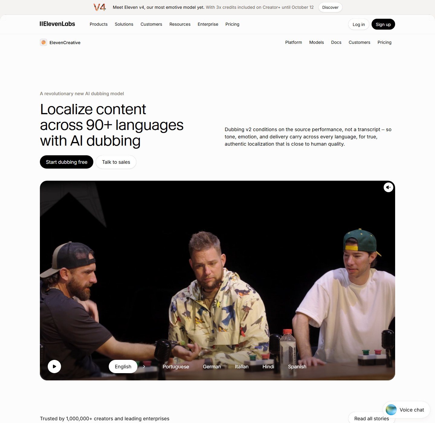 ElevenLabs page headed Localize content across 90 plus languages with AI dubbing