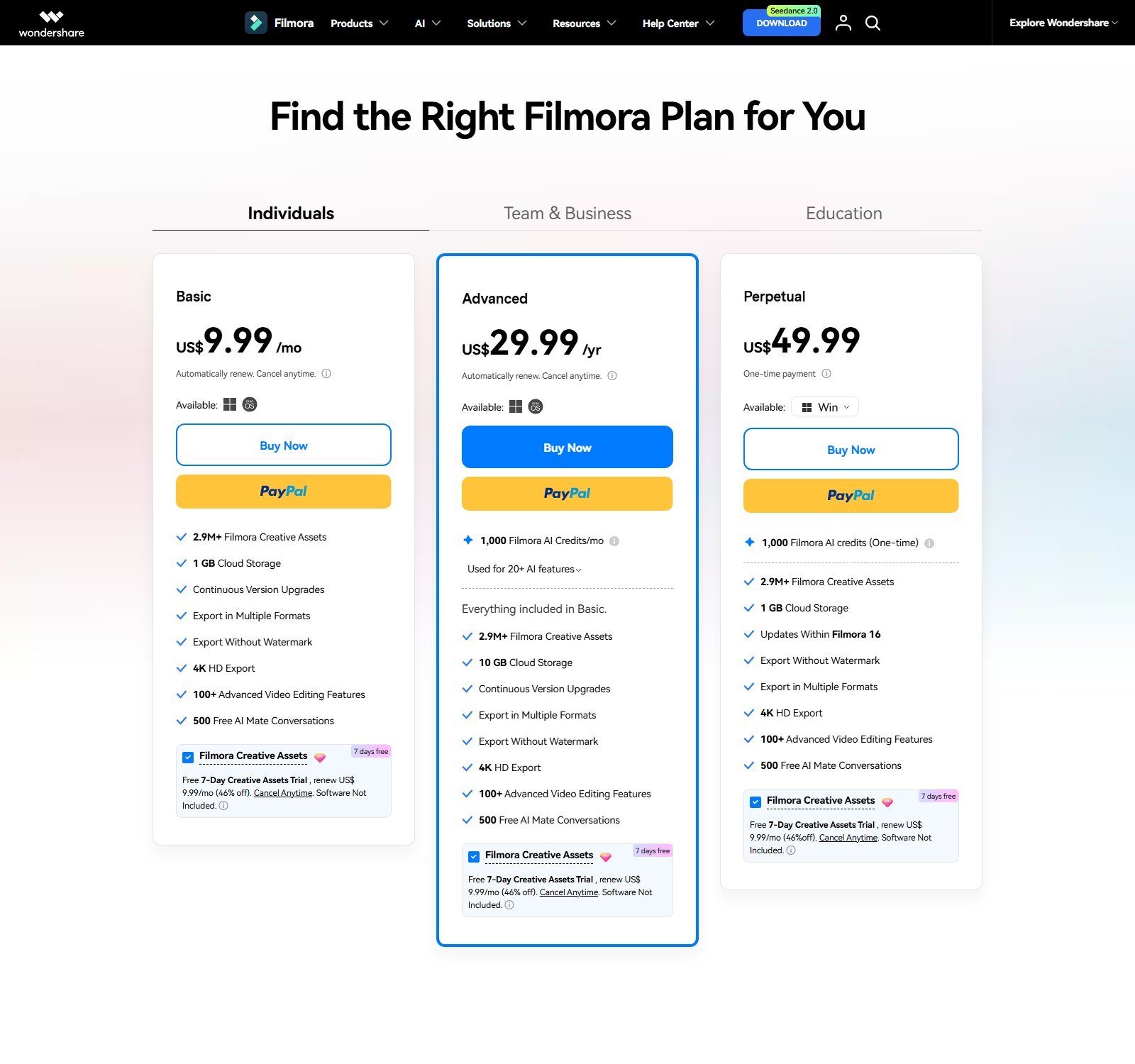Filmora Individuals plans showing Basic, Advanced, and Perpetual prices