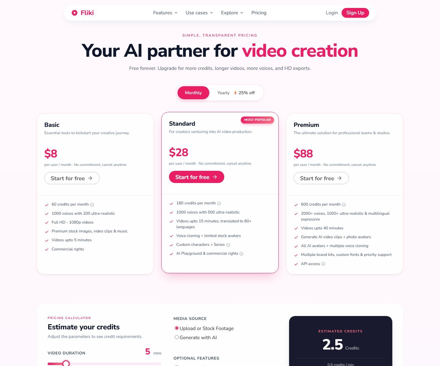Fliki monthly pricing with Basic at $8, Standard at $28, and Premium at $88 per user per month, plus a credit estimate for a 5-minute stock video.