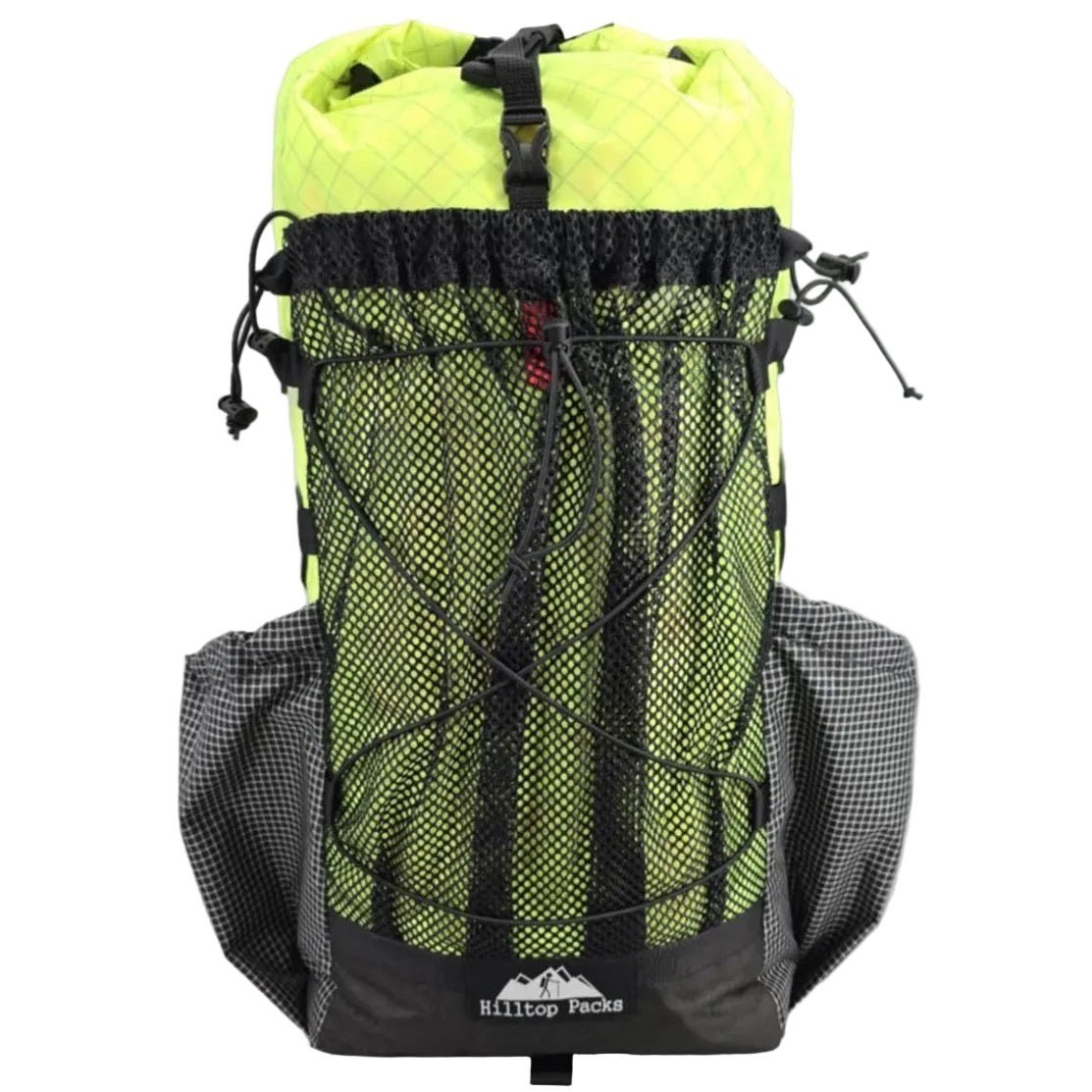 Hilltop Packs Dirty 30 ECO ultralight backpack front in lime EPLX200 with mesh pocket