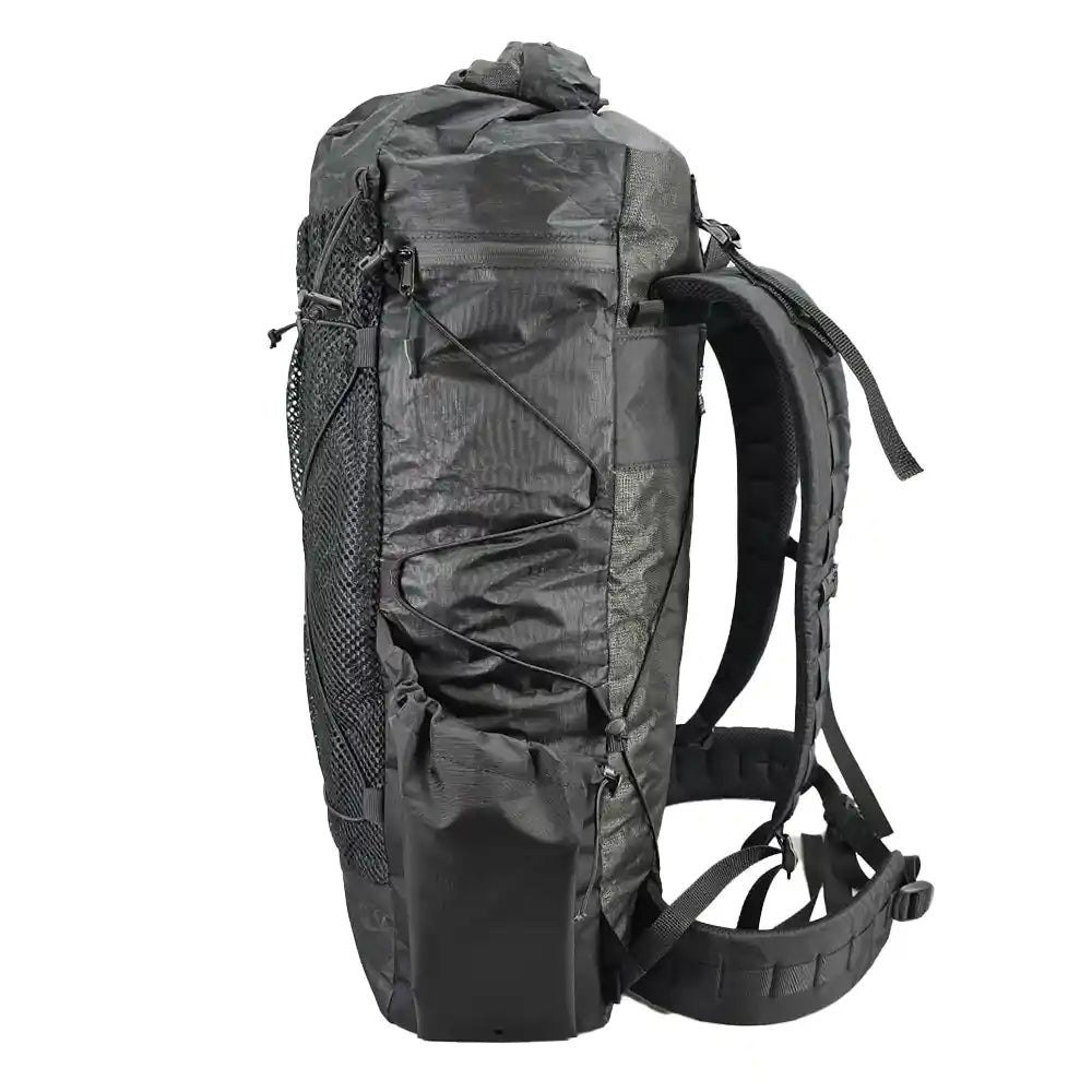 Hilltop Packs Raven D V4 side view of Dyneema body and stretch pocket