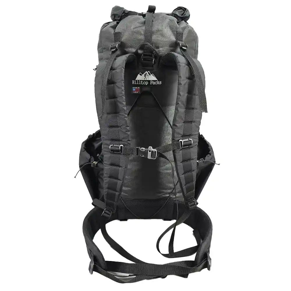 Hilltop Packs Raven D V4 backpack rear view with padded hip belt and load lifters