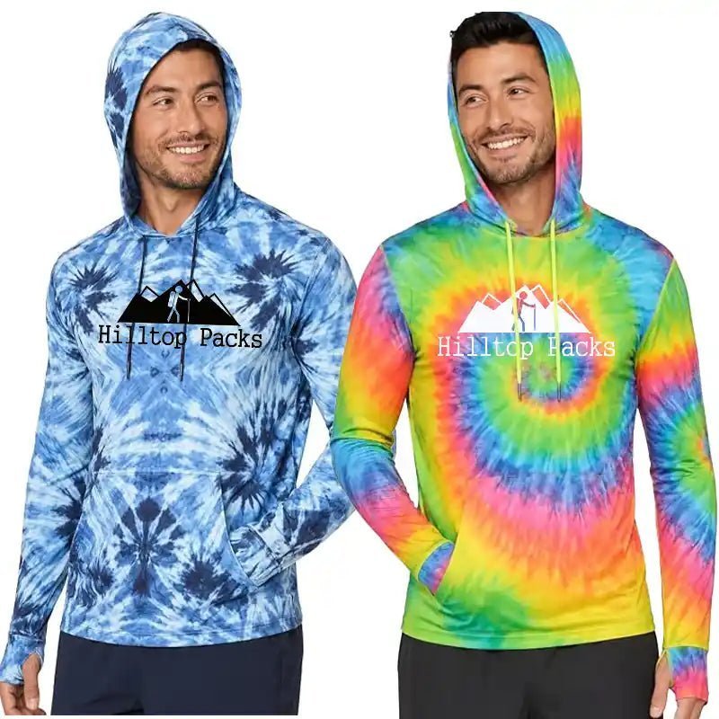 Hilltop Packs UltraShade tie-dye pattern hoodies with cords and thumbholes