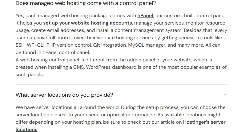 Hostinger FAQ answers describing hPanel and choosing a server location at setup.