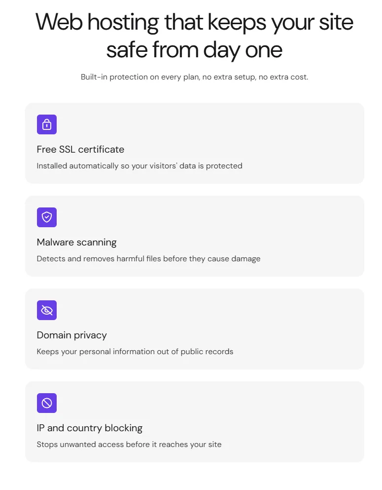 Hostinger security list: free SSL, malware scanning, domain privacy, and IP and country blocking.