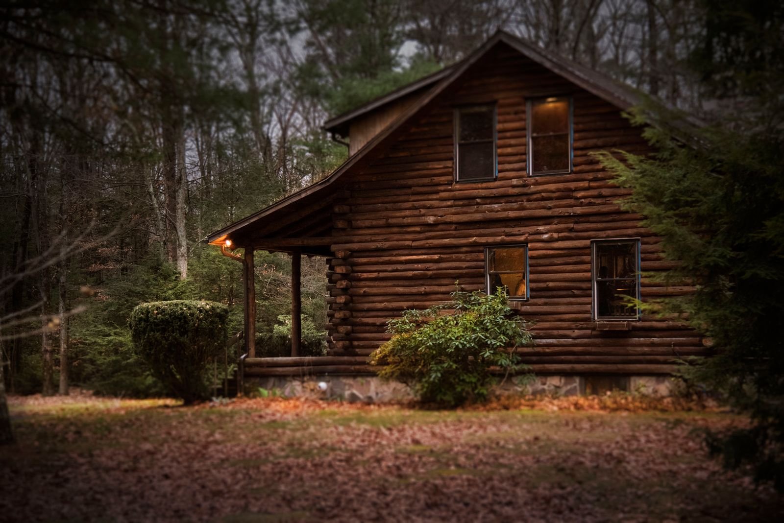 Log cabin in the woods with one lit window