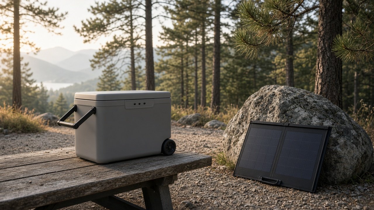 Illustrated campsite cooler and folded panel with no logos