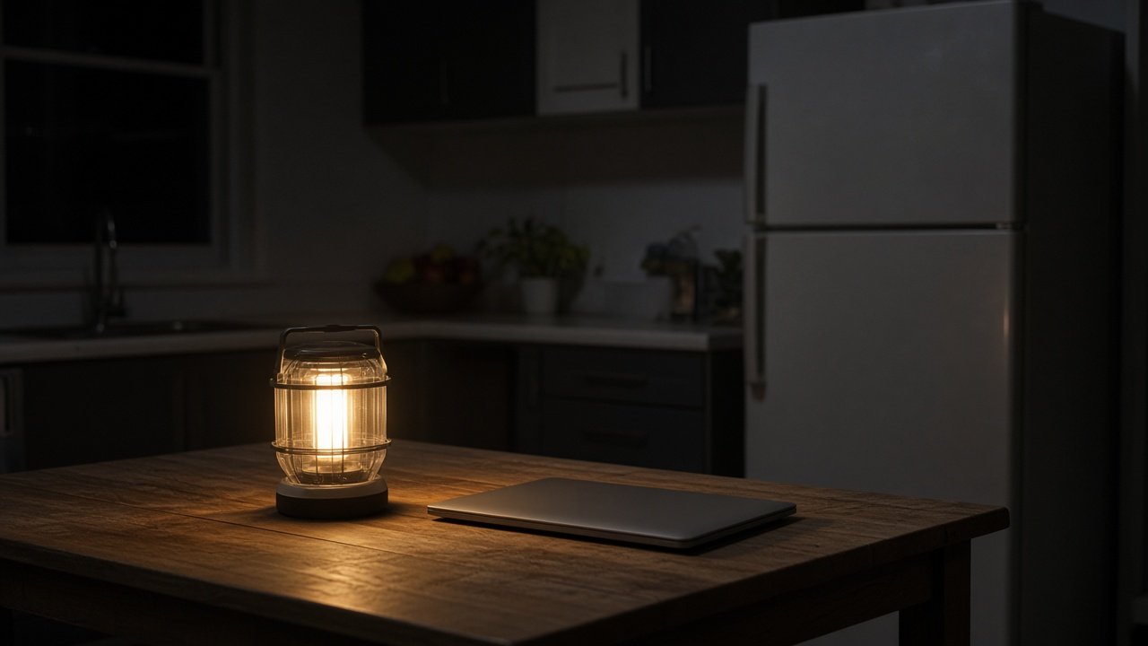 Illustrative kitchen at night with a lantern and a closed laptop