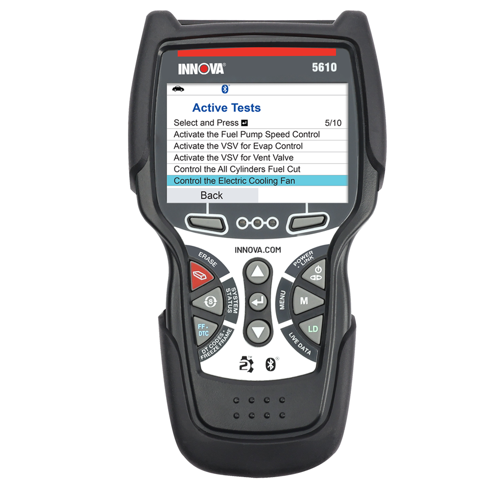 Innova 5610 handheld with the model number printed above an Active Tests menu