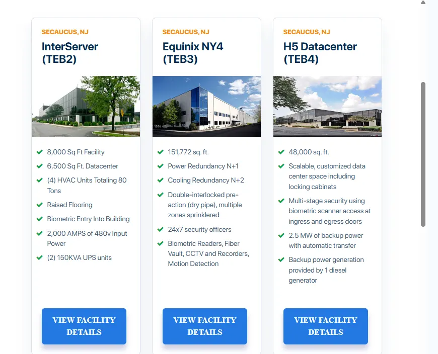 Three Secaucus facility cards on InterServer's datacenter page: InterServer TEB2, Equinix NY4, and H5.