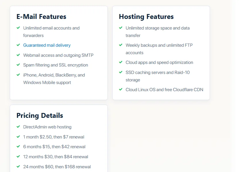 InterServer email features, hosting features, and Standard plan renewal prices.