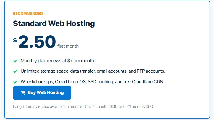 InterServer Standard Web Hosting price card showing $2.50 for the first month and a $7 monthly renewal.