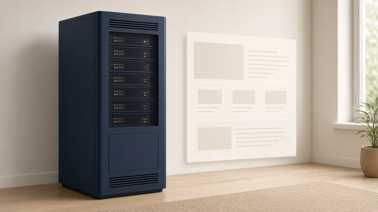 Editorial illustration of a server cabinet beside a simple website layout.
