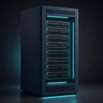 Editorial illustration of an open server chassis with cyan light, for a VPS review.