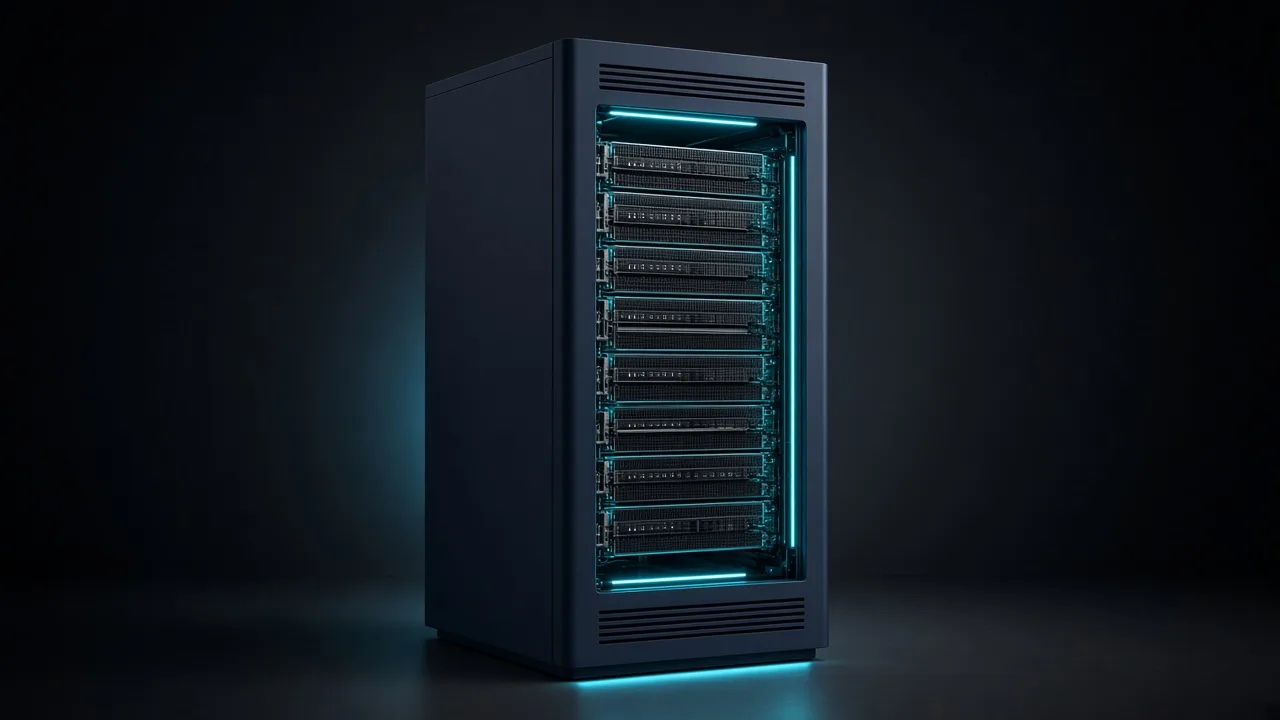 Editorial illustration of an open server chassis with cyan light, for a VPS review.