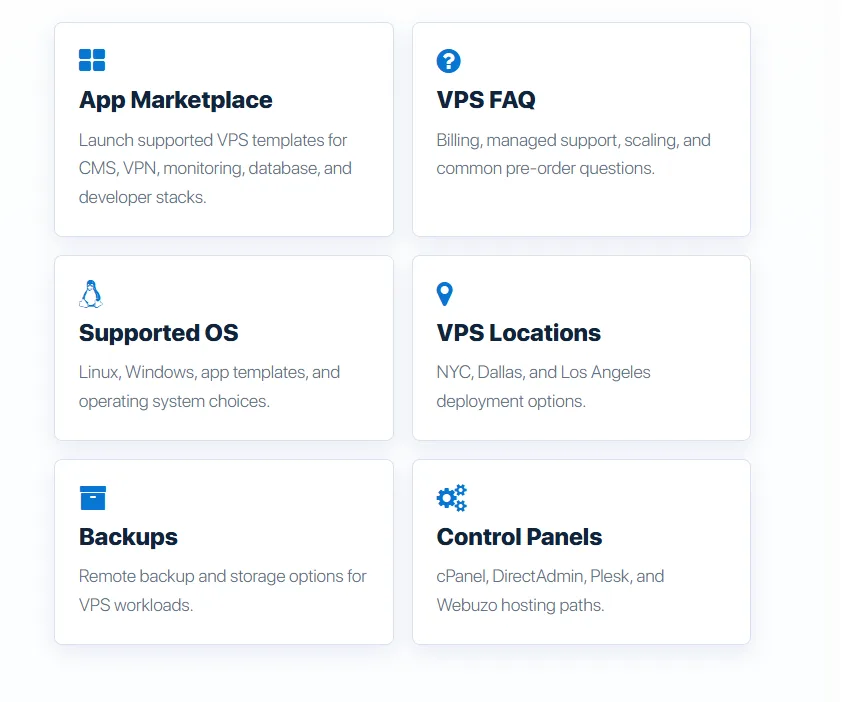 InterServer VPS links for locations in New York City, Dallas, and Los Angeles, plus backups and control panels.