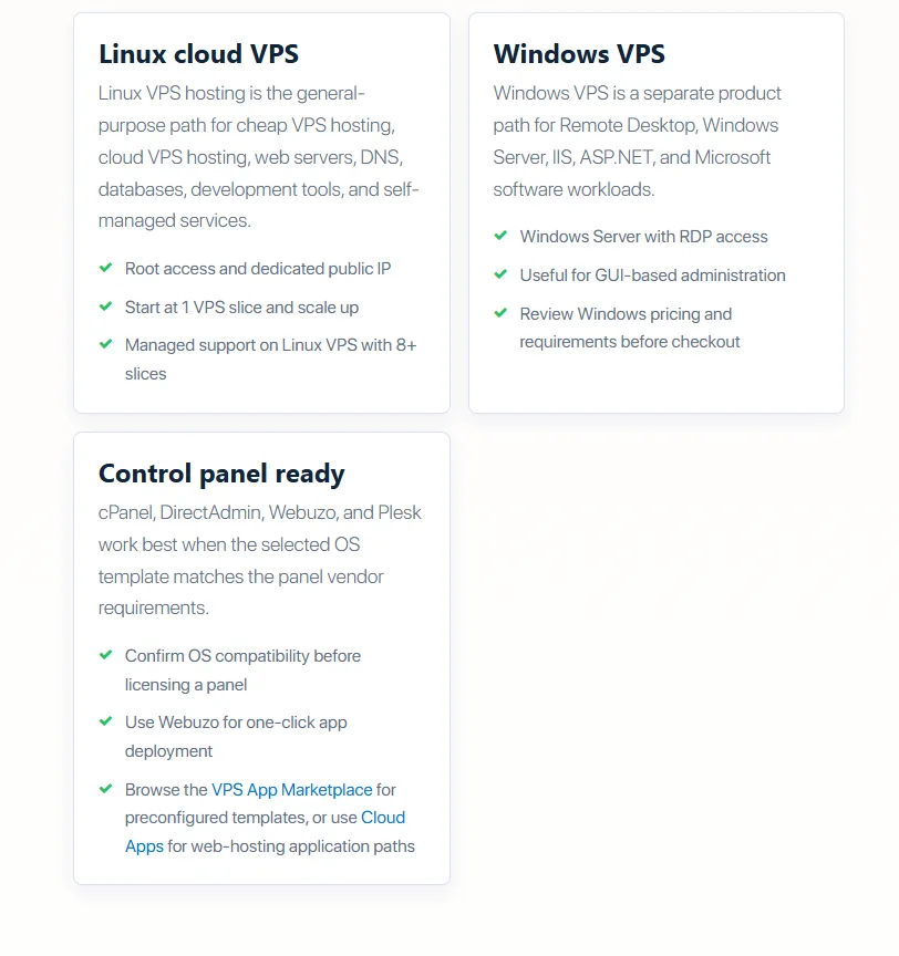 InterServer cards for Linux cloud VPS, Windows VPS, and control-panel options, including managed support at 8 or more Linux slices.