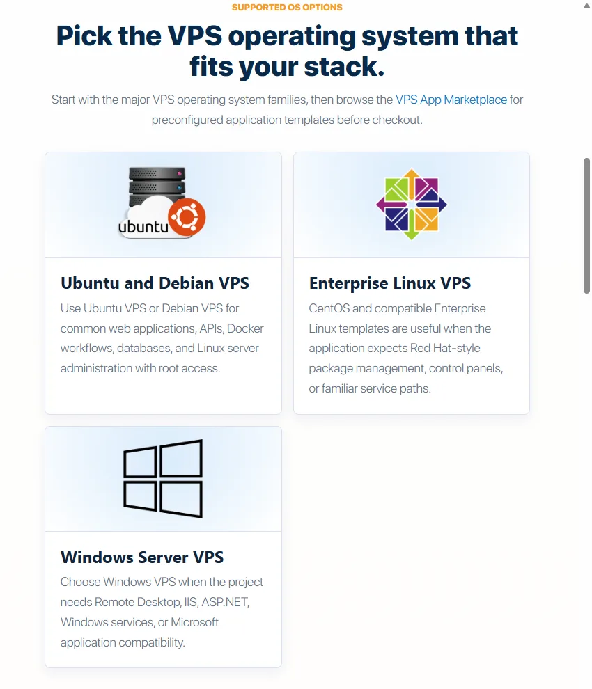 InterServer VPS operating system choices: Ubuntu and Debian, Enterprise Linux, and Windows Server.