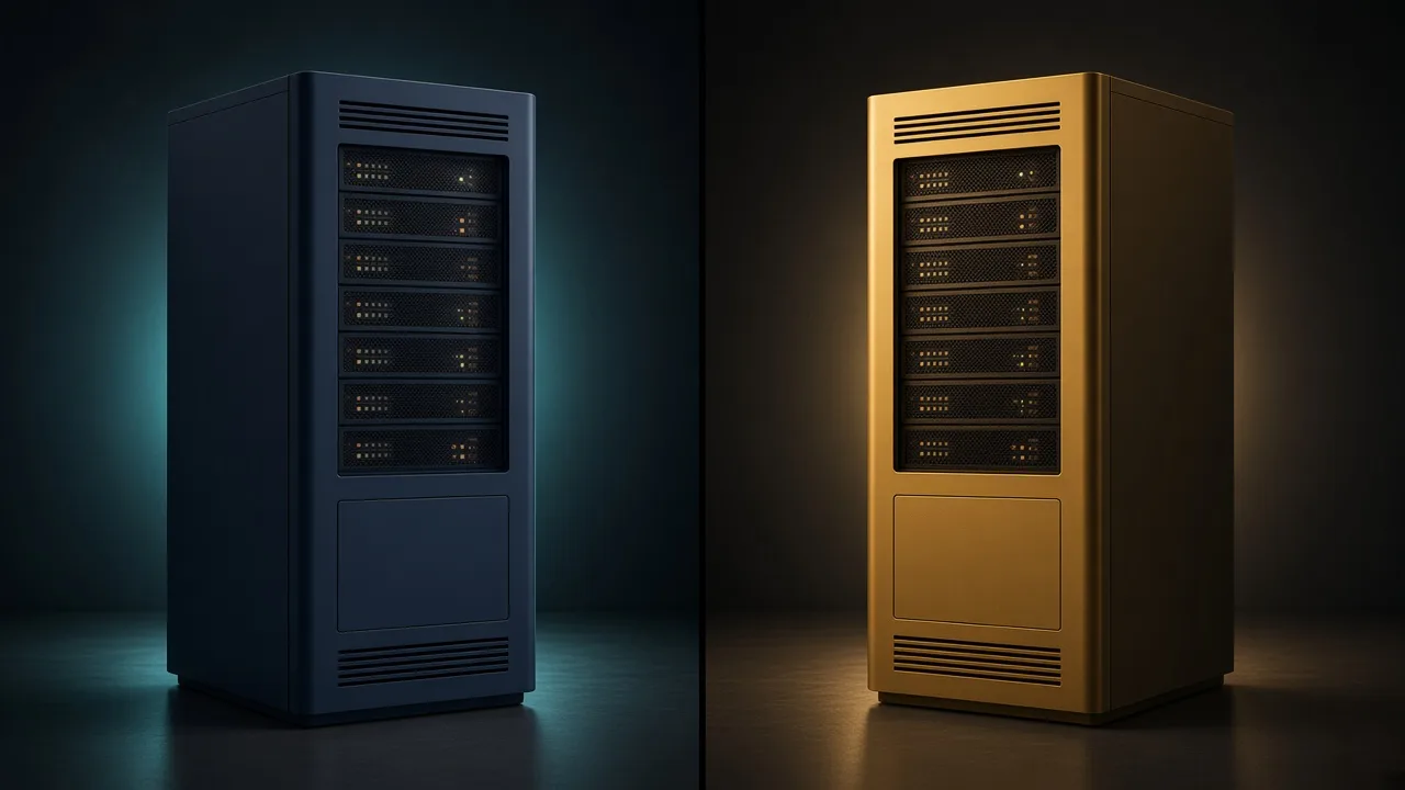 Editorial illustration of two server cabinets, one navy and one amber, for a hosting comparison.
