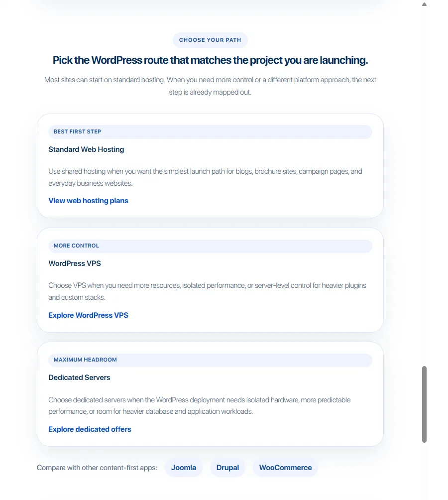 InterServer WordPress page offering Standard hosting, WordPress VPS, or a dedicated server.