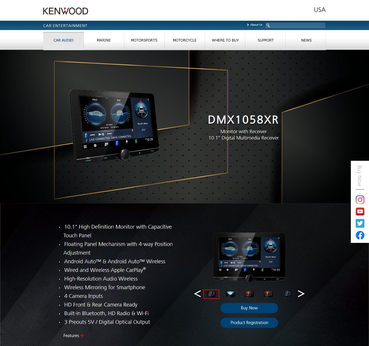 Kenwood USA page for the Excelon Reference DMX1058XR showing the 10.1-inch receiver and a feature list that includes 5-volt preouts and a digital optical output
