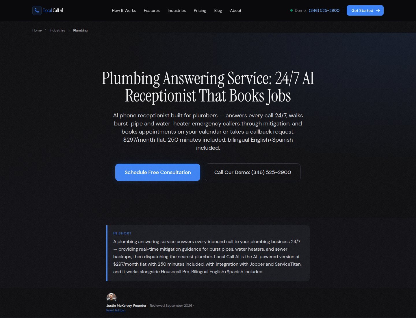 Local Call AI official plumbing answering-service landing page