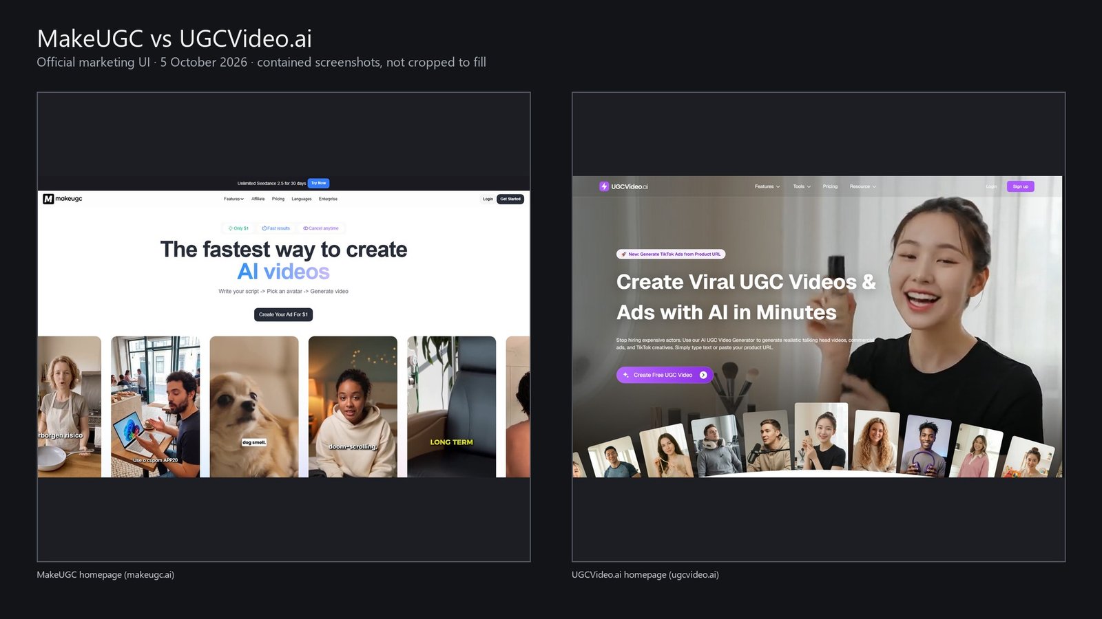 Editorial 16:9 comparison canvas containing full MakeUGC and UGCVideo.ai homepages without cropping either UI to fill the frame, captured 5 October 2026
