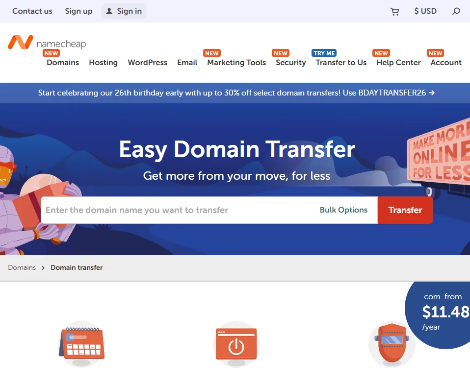 Namecheap domain transfer page with bulk options, a .com transfer price, and a one-year renewal note