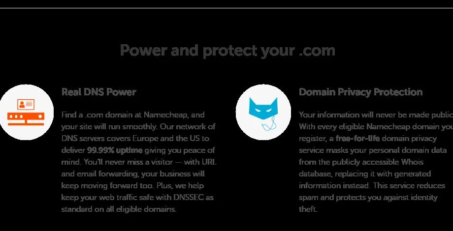 Namecheap DNS, email forwarding, DNSSEC, and free lifetime domain privacy description