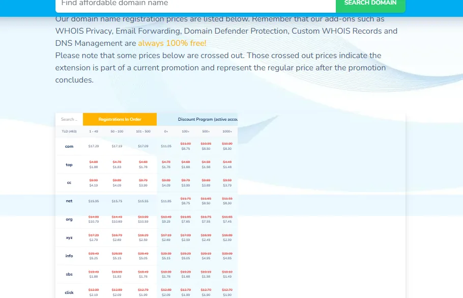 NameSilo .com, .net, and .org registration prices with retail and Discount Program columns