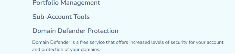 NameSilo Domain Defender Protection described as a free security service for the account and domains.