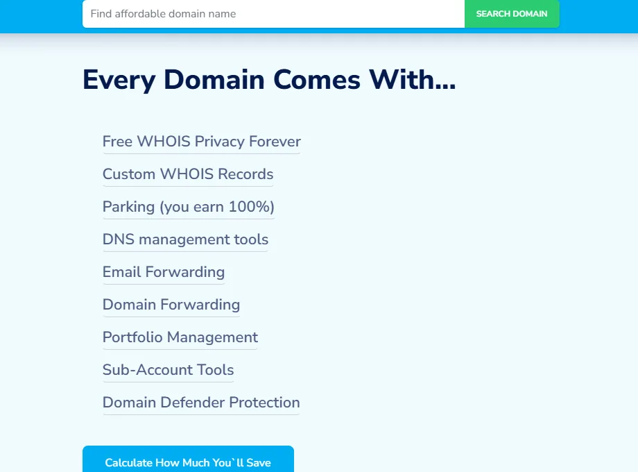NameSilo list of included domain features, including free WHOIS privacy and Domain Defender